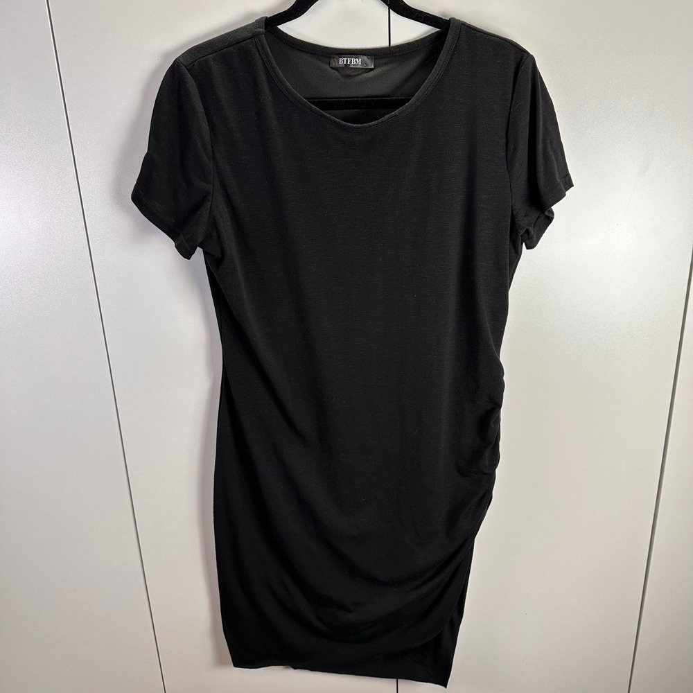 BTFBM Womens L‎ Black Bodycon Dress Short Sleeve Ruched Casual Party Cocktail